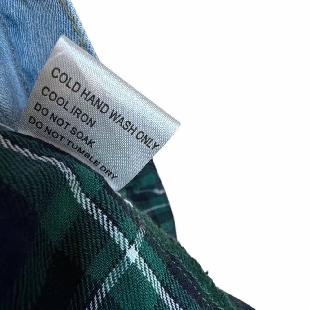 Princess Polly Mixed Media Denim & Flannel Larkin Jean Jacket Blue Green S/M‎